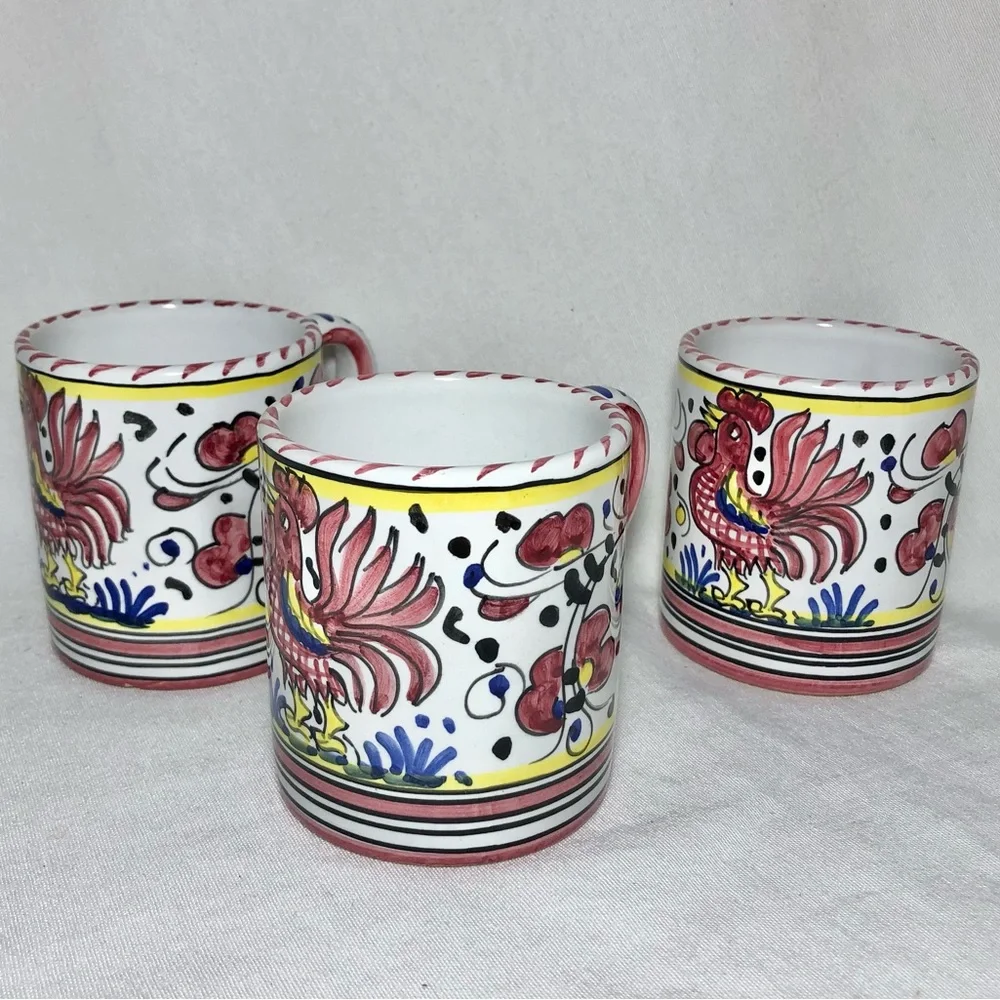 Starbucks Sambuco Pottery 3 Mug Set Deruta Style Pink Rooster Handpainted Italy